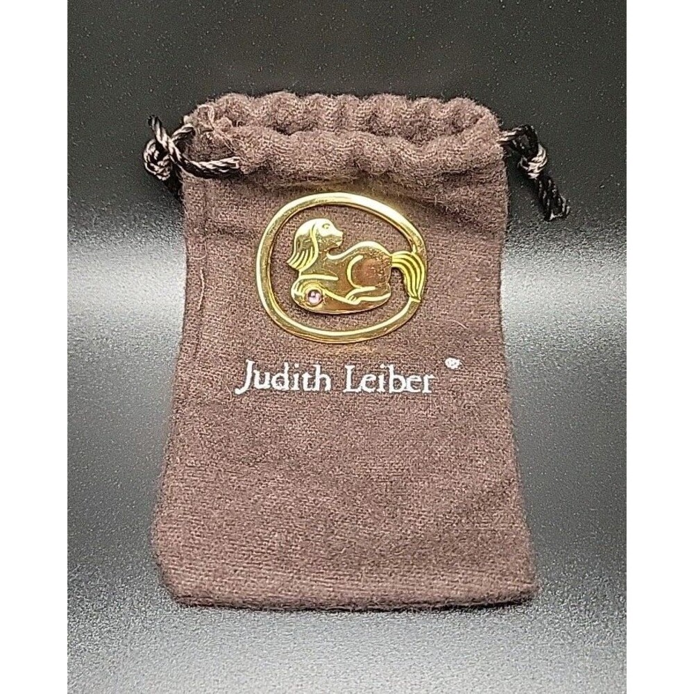 Signed Vintage Judith Leiber Gold Foo Dog Bookmark Amethyst Gemstone With Pouch